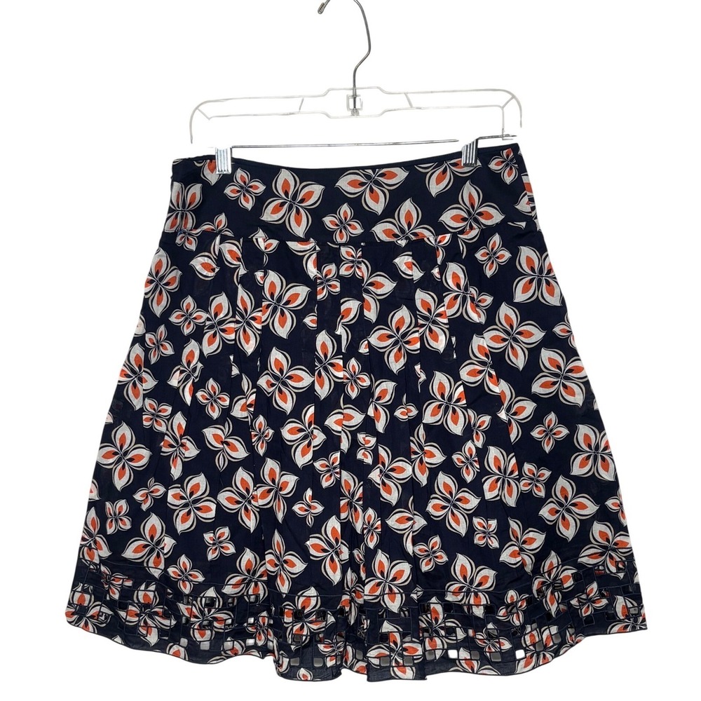 Ann Taylor Skirt Floral Petal Navy Orange Eyelet Lattice Hem A-Line Size 6 - Picture 2 of 7